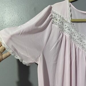Vintage Barbizon Nightgown Womens Nylon Sleepwear Pink Large Lace Rose Bow Vneck